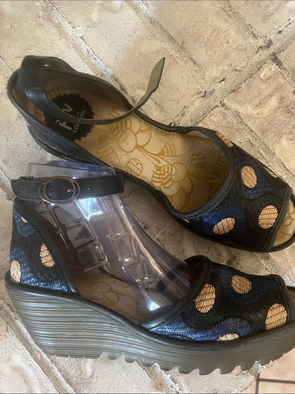 Fly London navy, black and Tan straw Polka Dot Wedge Sandals w/Ankle Strap sz40